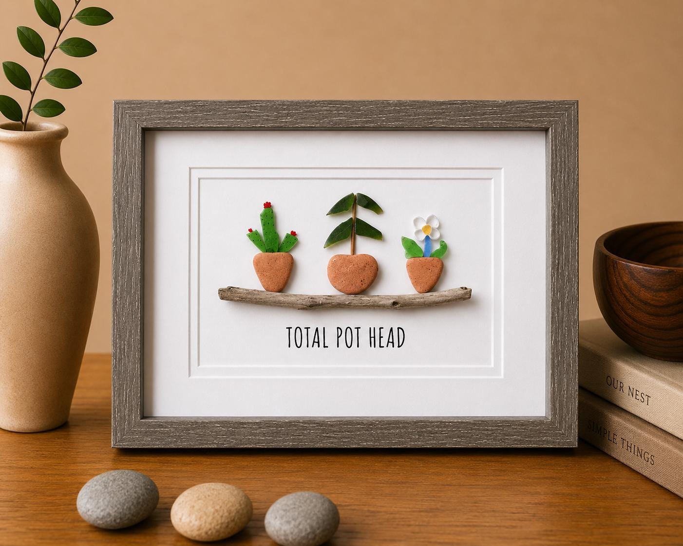 Total Pot Head Sea Glass Art, 8 x 10” Framed Gift for Gardener, Plant Lover