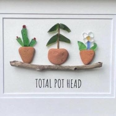 Total Pot Head Sea Glass Art, 8 x 10” Framed Gift for Gardener, Plant Lover