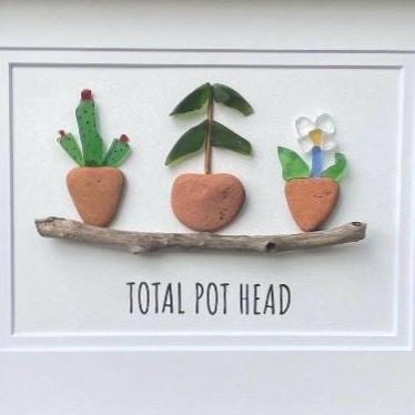 Total Pot Head Sea Glass Art, 8 x 10” Framed Gift for Gardener, Plant Lover