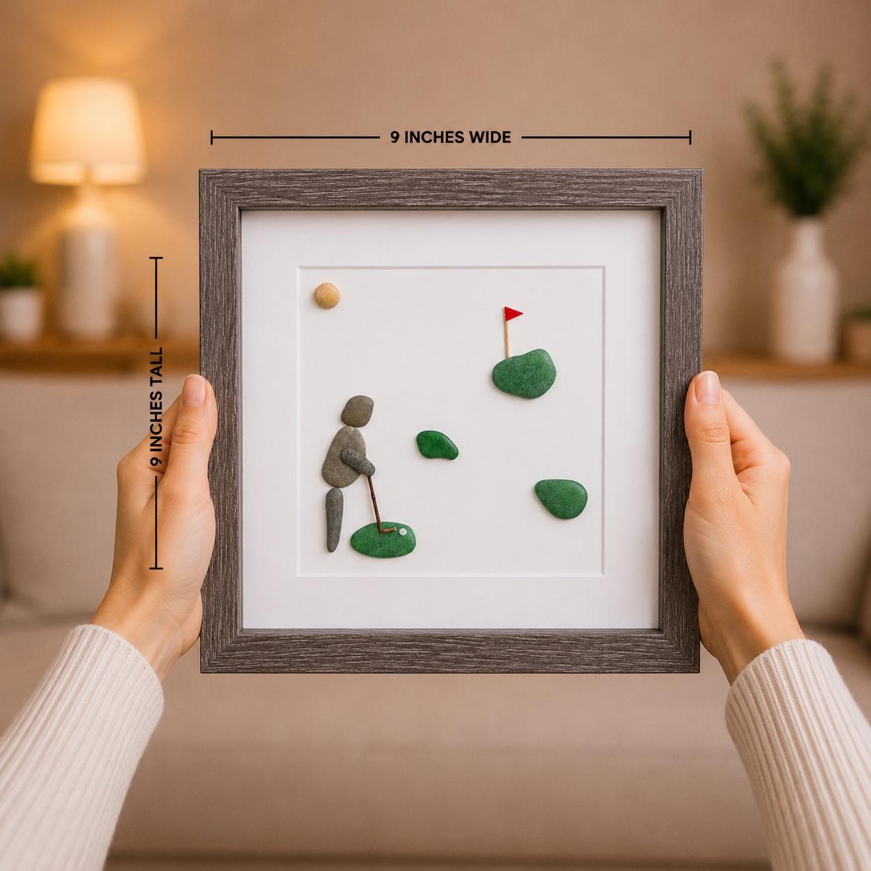 Golf Pebble and Sea Glass Art, 8x8” Framed Gift for Golfer