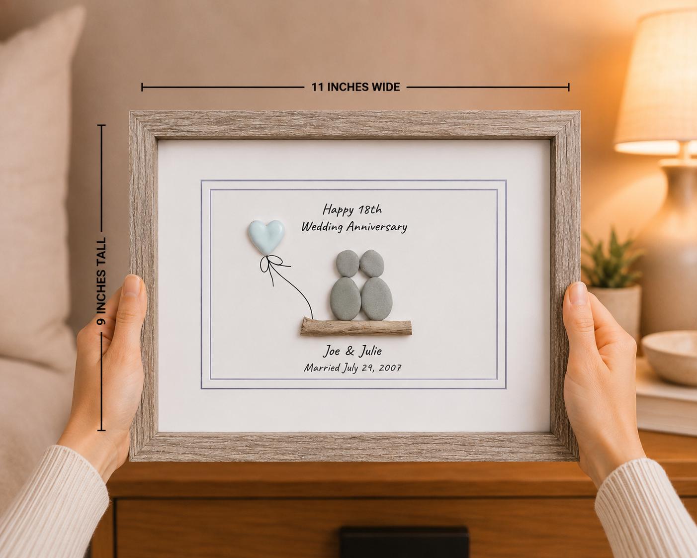18th Wedding Anniversary 8x10" Framed Pebble Art, Personalized Porcelain Anniversary Gift from Parents, Wife, Husband, Friends