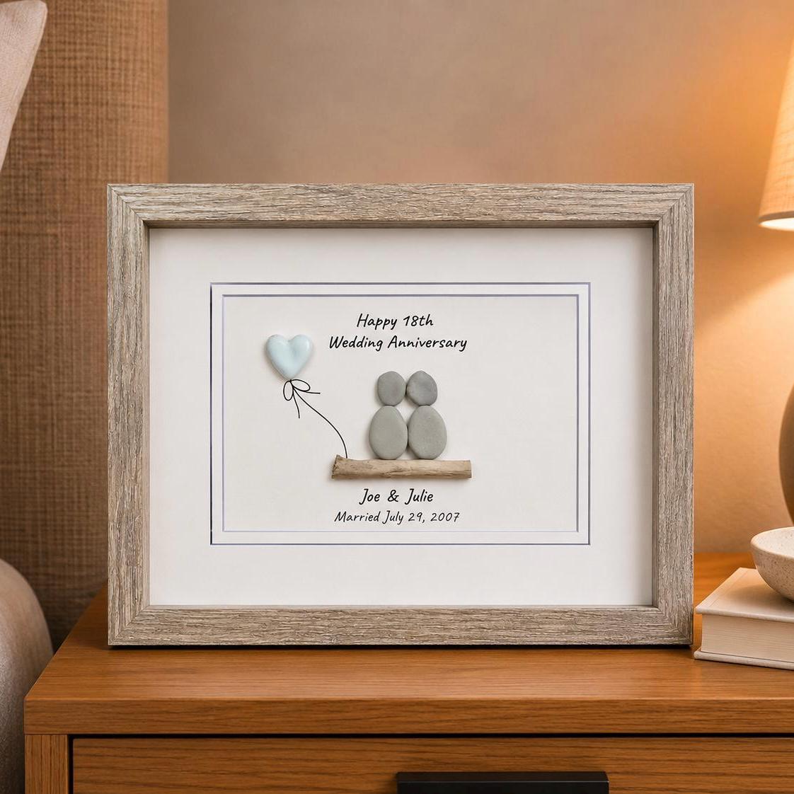 18th Wedding Anniversary 8x10" Framed Pebble Art, Personalized Porcelain Anniversary Gift from Parents, Wife, Husband, Friends