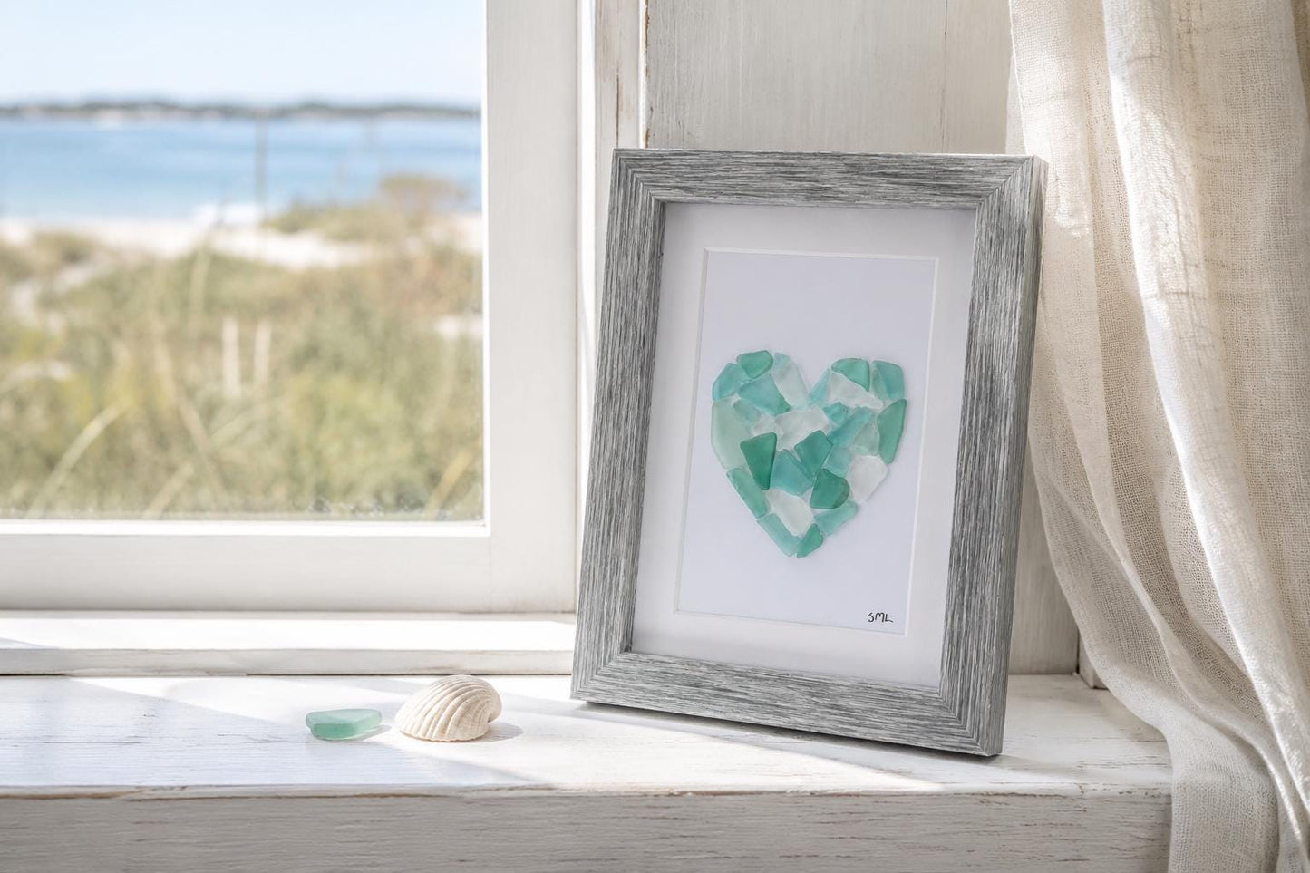 Sea Glass Love Heart Art, 6x8” Framed Original Artwork in Shades of Blue & Teal