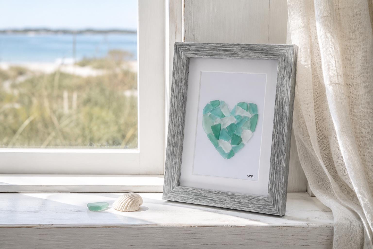Sea Glass Love Heart Art, 6x8” Framed Original Artwork in Shades of Blue & Teal