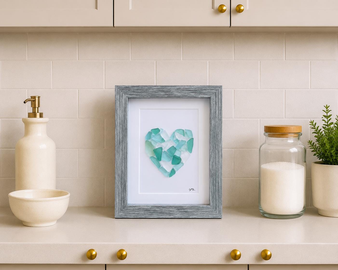 Sea Glass Love Heart Art, 6x8” Framed Original Artwork in Shades of Blue & Teal