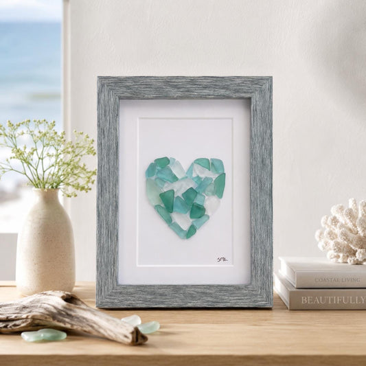 Glass Love Heart | Heart Art in Shades of Blue & Teal | Beach Lover Gift | Coastal Wall Decor | Gift for Friend | 5x7 Sea Glass Art