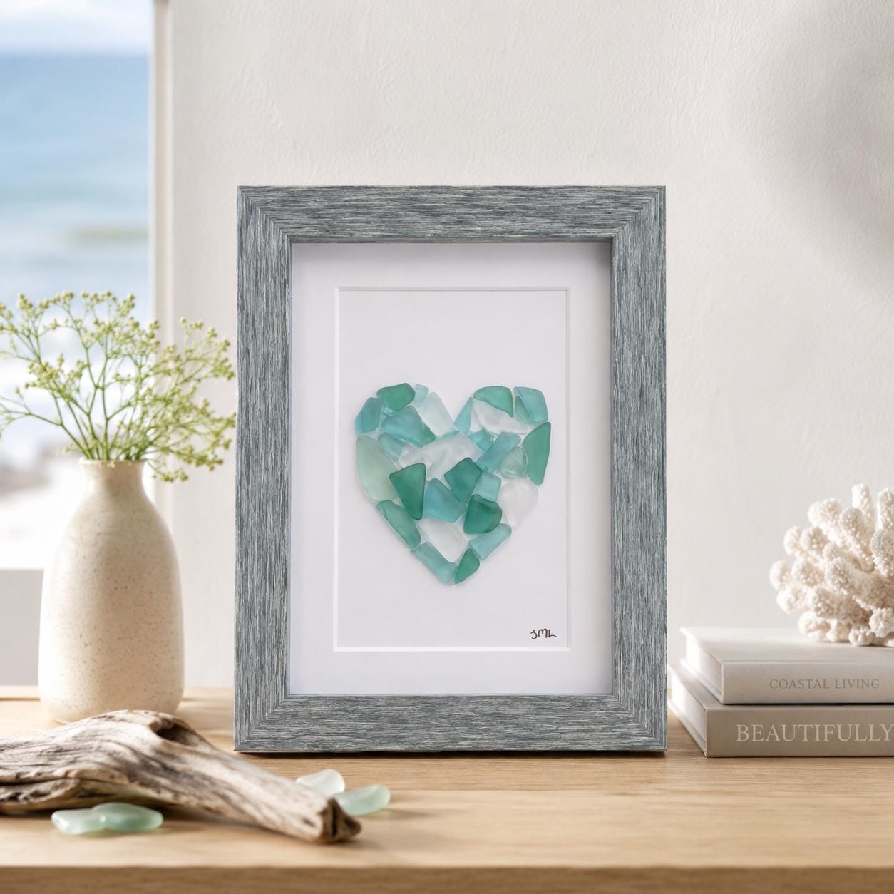 Sea Glass Love Heart Art, 6x8” Framed Original Artwork in Shades of Blue & Teal