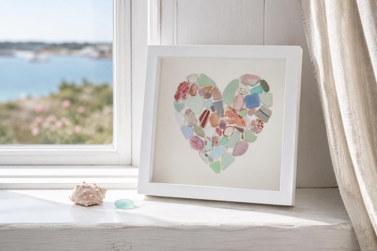 Sea Glass Heart Art | 9x9 Framed Coastal Collage