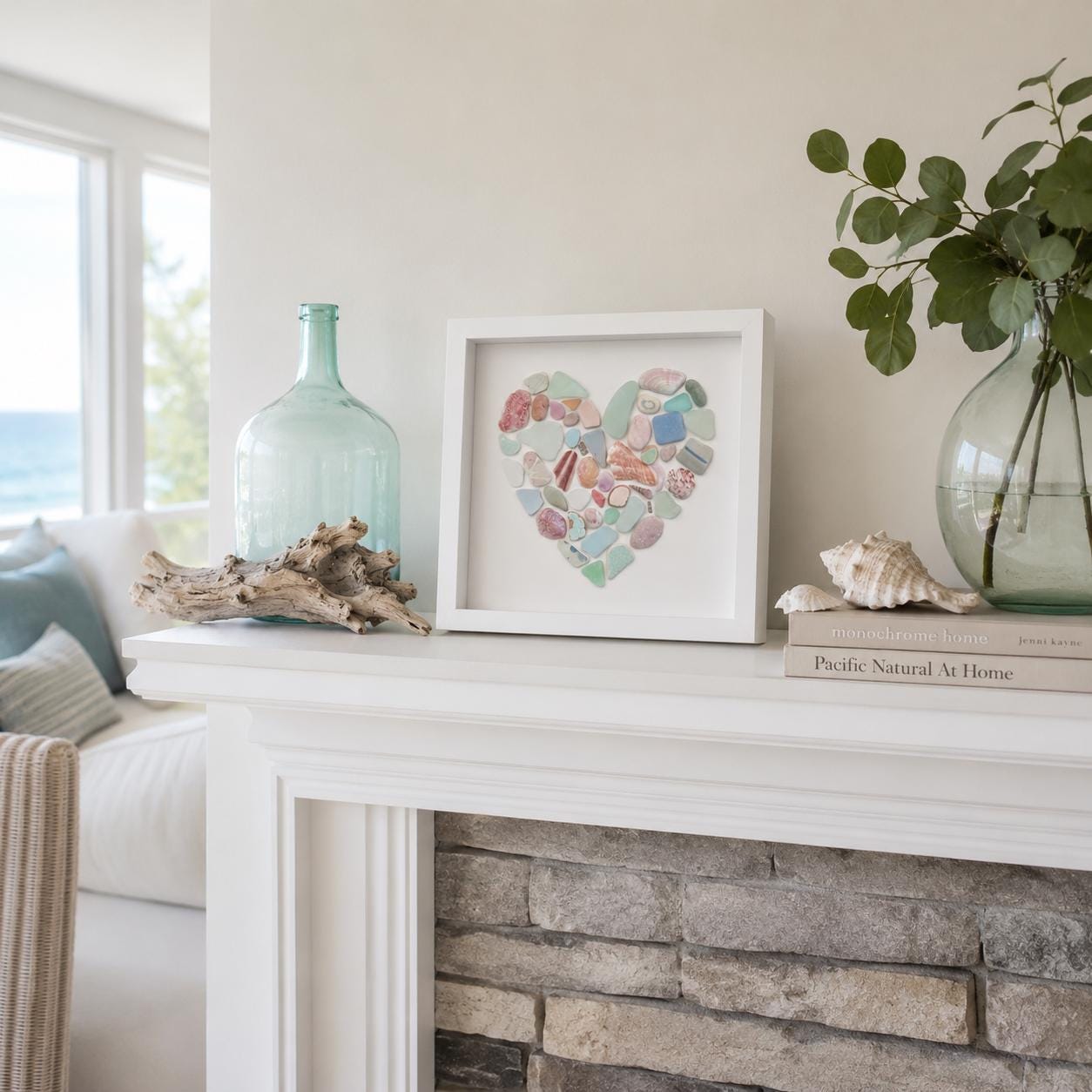 Sea Glass Heart Art | 9x9 Framed Coastal Collage