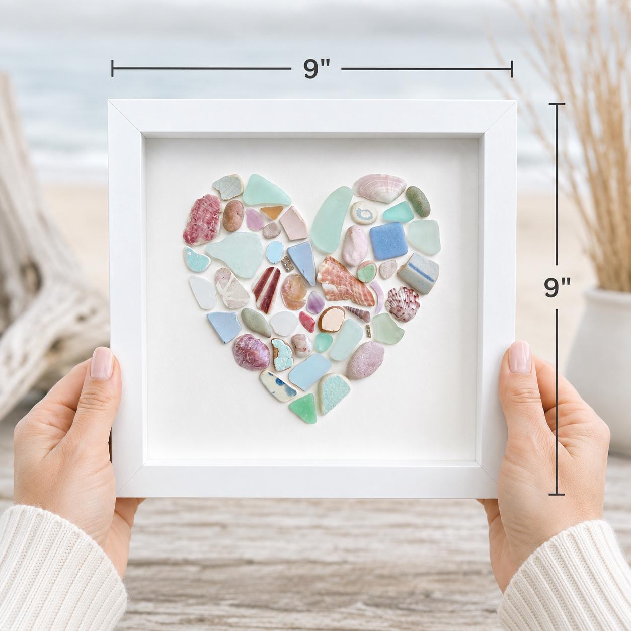 Sea Glass Heart Art | 9x9 Framed Coastal Collage