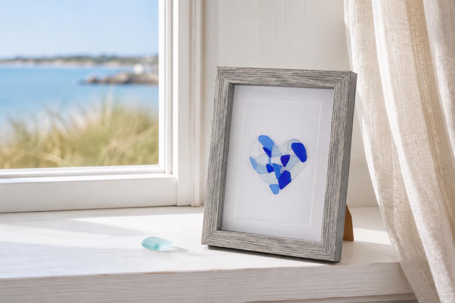 Sea Glass Heart, Framed Coastal Art, Beach Decor, Valentines Day (5x7 inch)