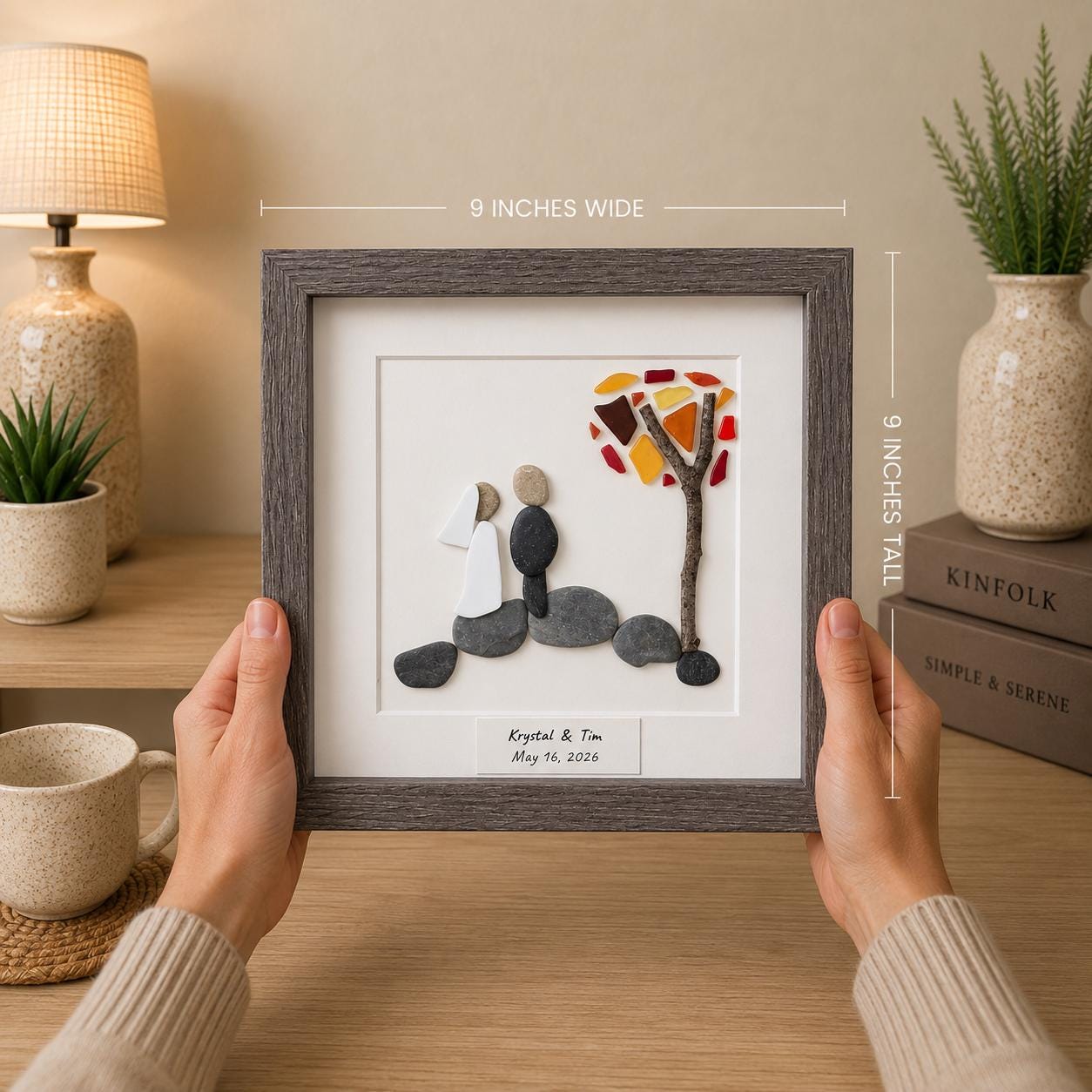 Autumn Wedding Gift with or without Dog | Fall Wedding Gift | 8x8 Handmade Pebble & Sea Glass Art | Personalized Gift for Newlyweds