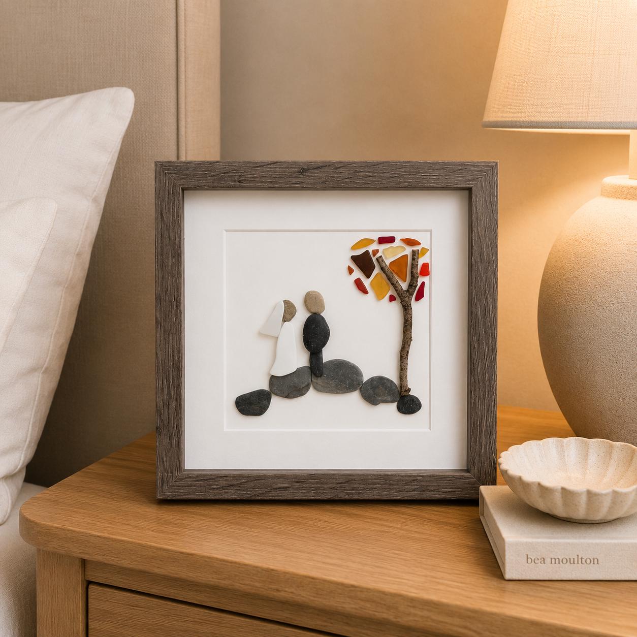 Autumn Wedding Gift with or without Dog | Fall Wedding Gift | 8x8 Handmade Pebble & Sea Glass Art | Personalized Gift for Newlyweds