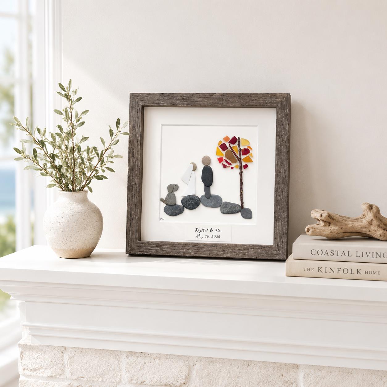 Autumn Wedding Gift with or without Dog | Fall Wedding Gift | 8x8 Handmade Pebble & Sea Glass Art | Personalized Gift for Newlyweds