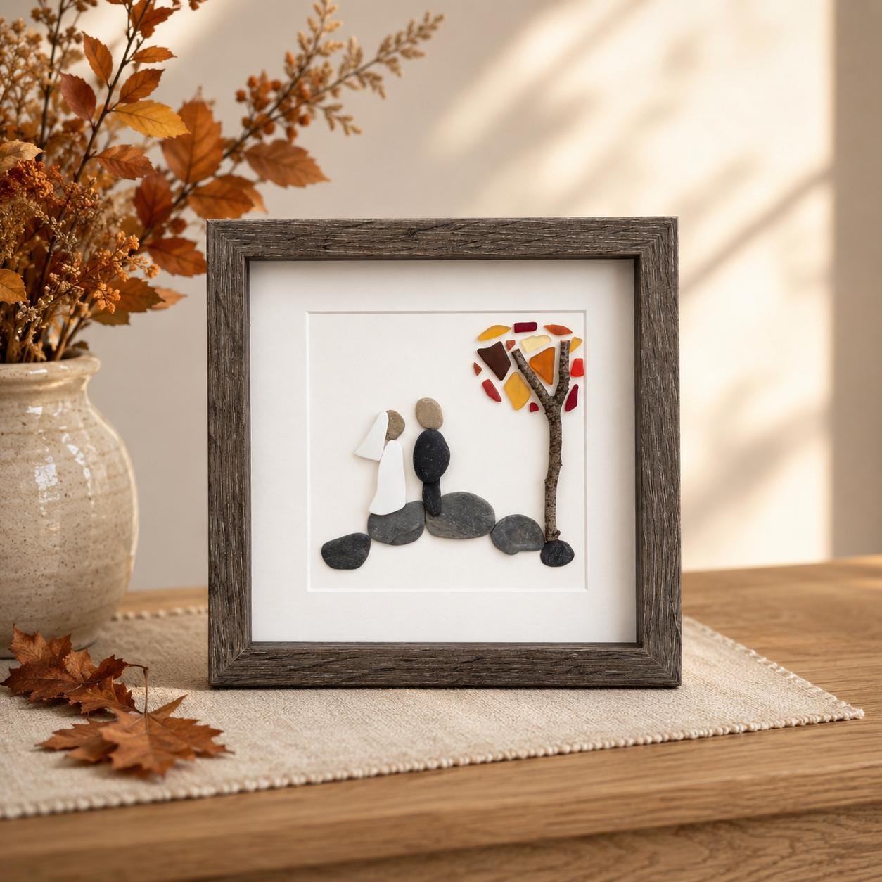 Autumn Wedding Gift with or without Dog | Fall Wedding Gift | 8x8 Handmade Pebble & Sea Glass Art | Personalized Gift for Newlyweds