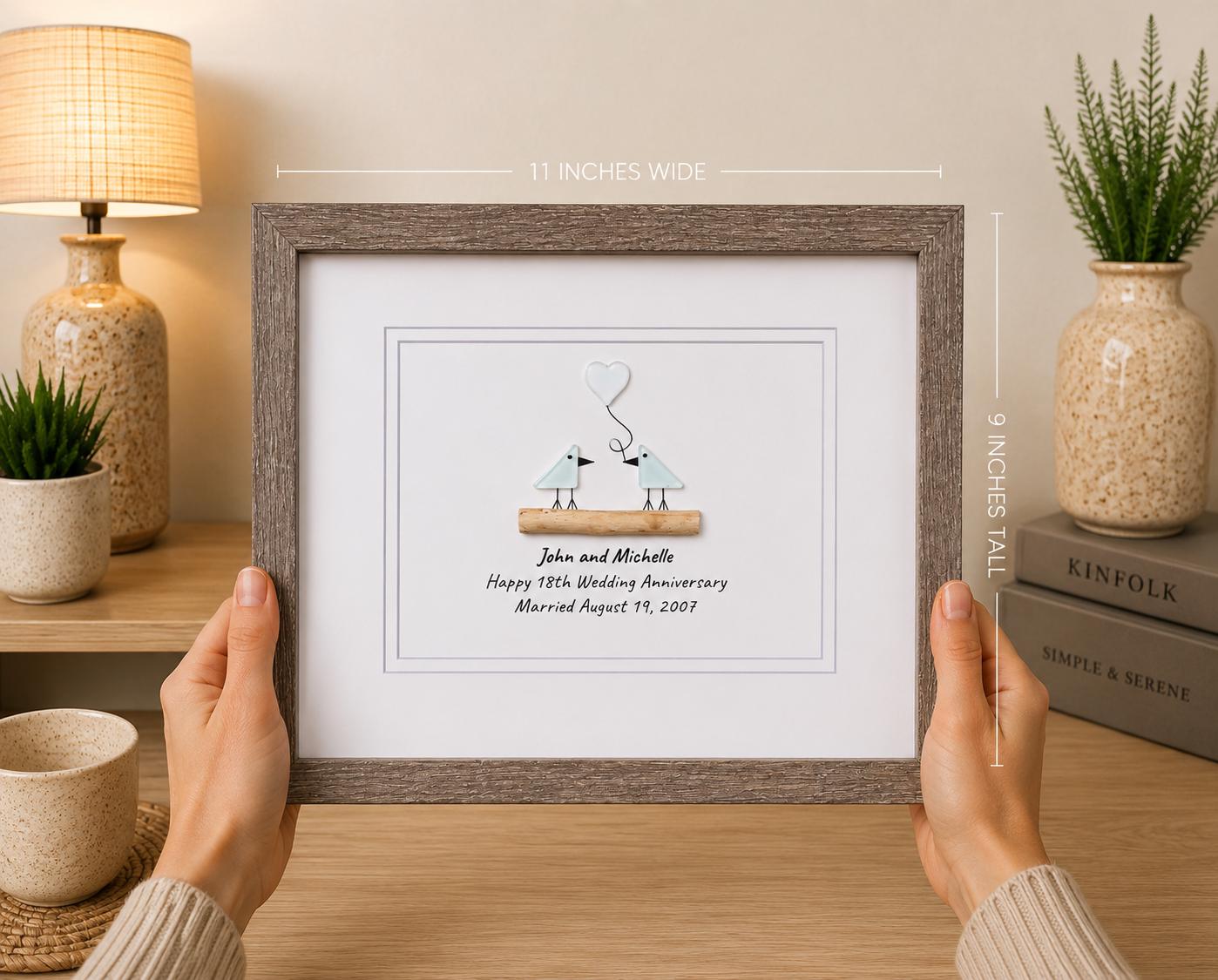 Personalized 18th Wedding Anniversary Sea Glass Art | Porcelain Anniversary Gift | Seaglass Love Birds Artwork