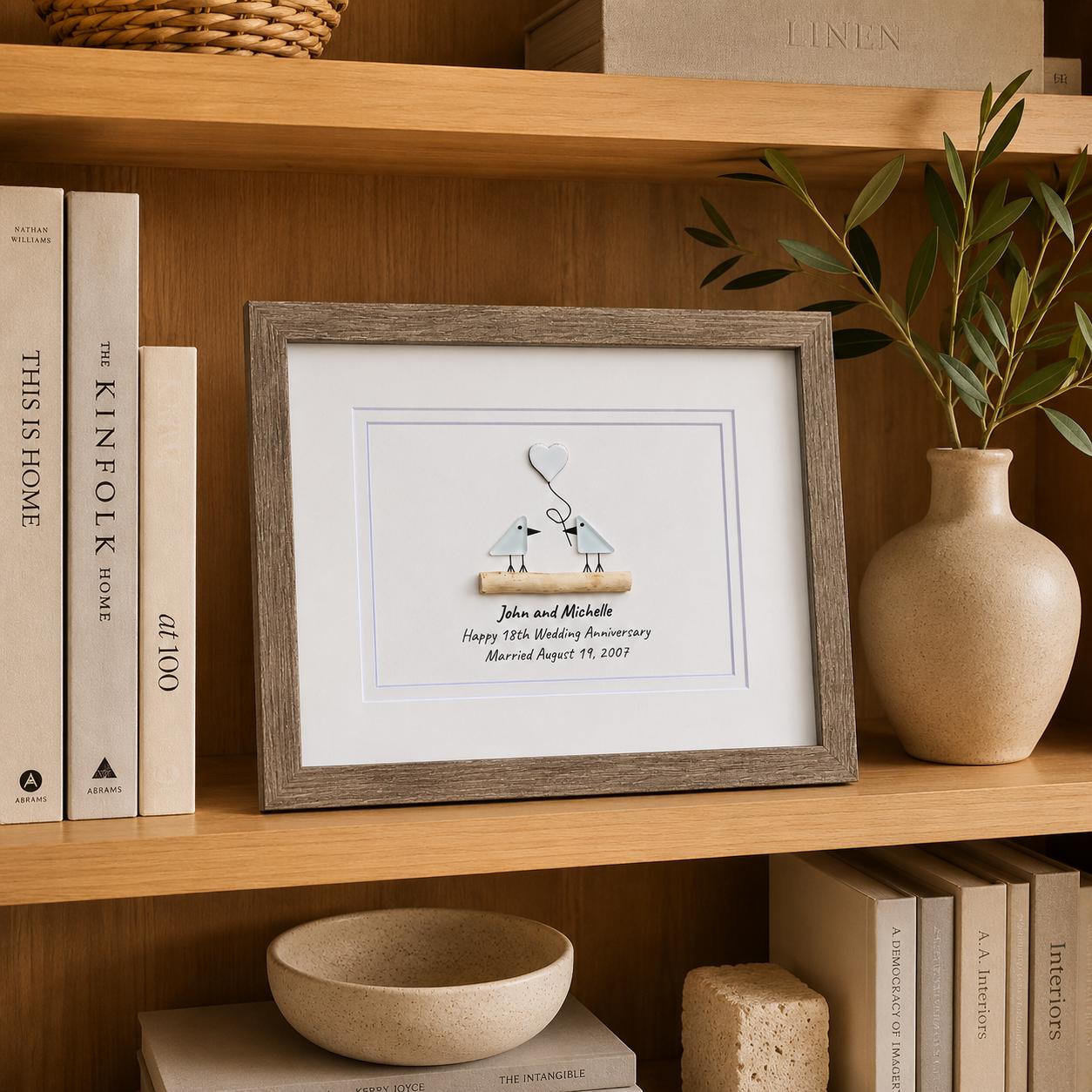 Personalized 18th Wedding Anniversary Sea Glass Art | Porcelain Anniversary Gift | Seaglass Love Birds Artwork