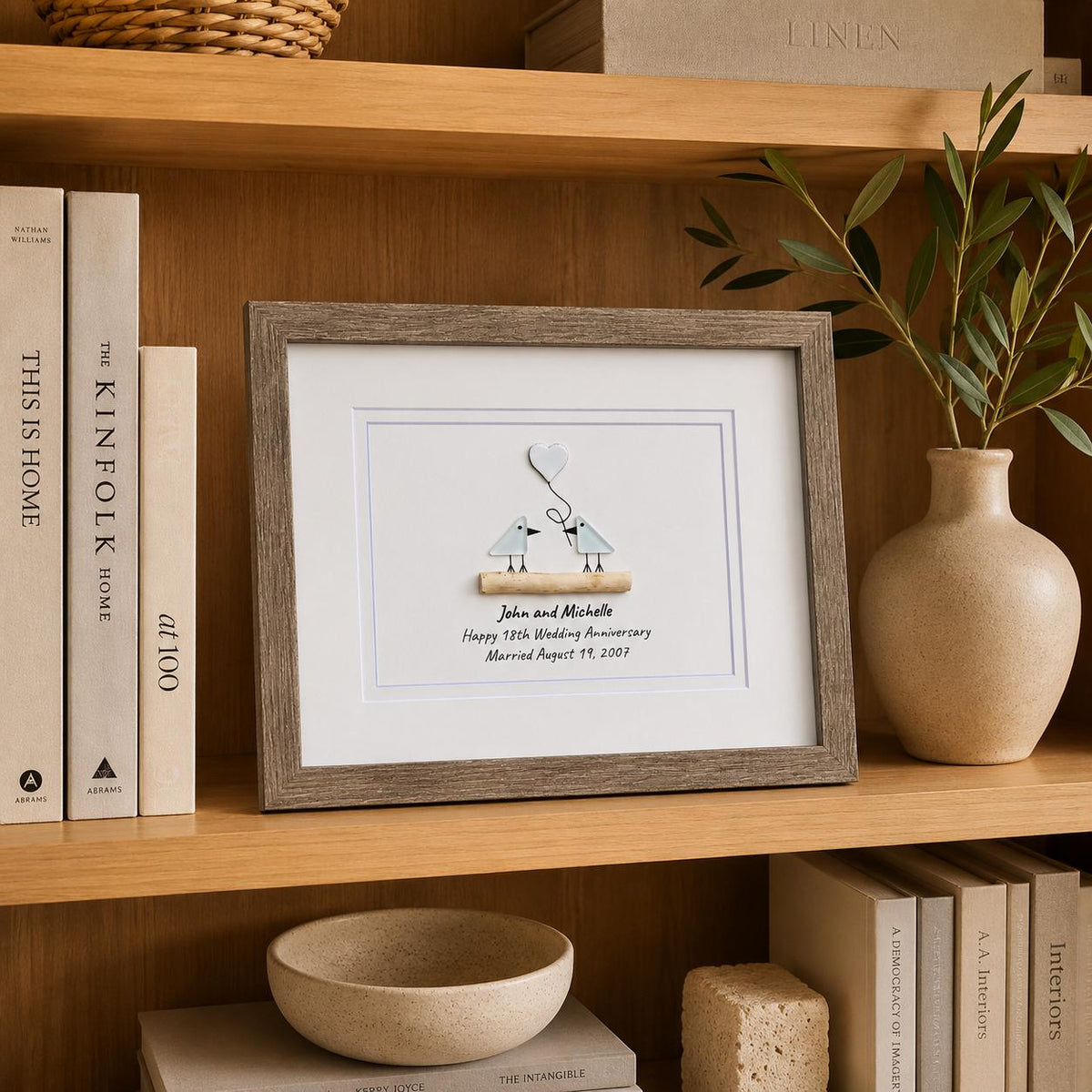 Customized 18th Wedding Anniversary Pebble Art | Porcelain Anniversary Gift | Sea Glass Love Birds Artwork