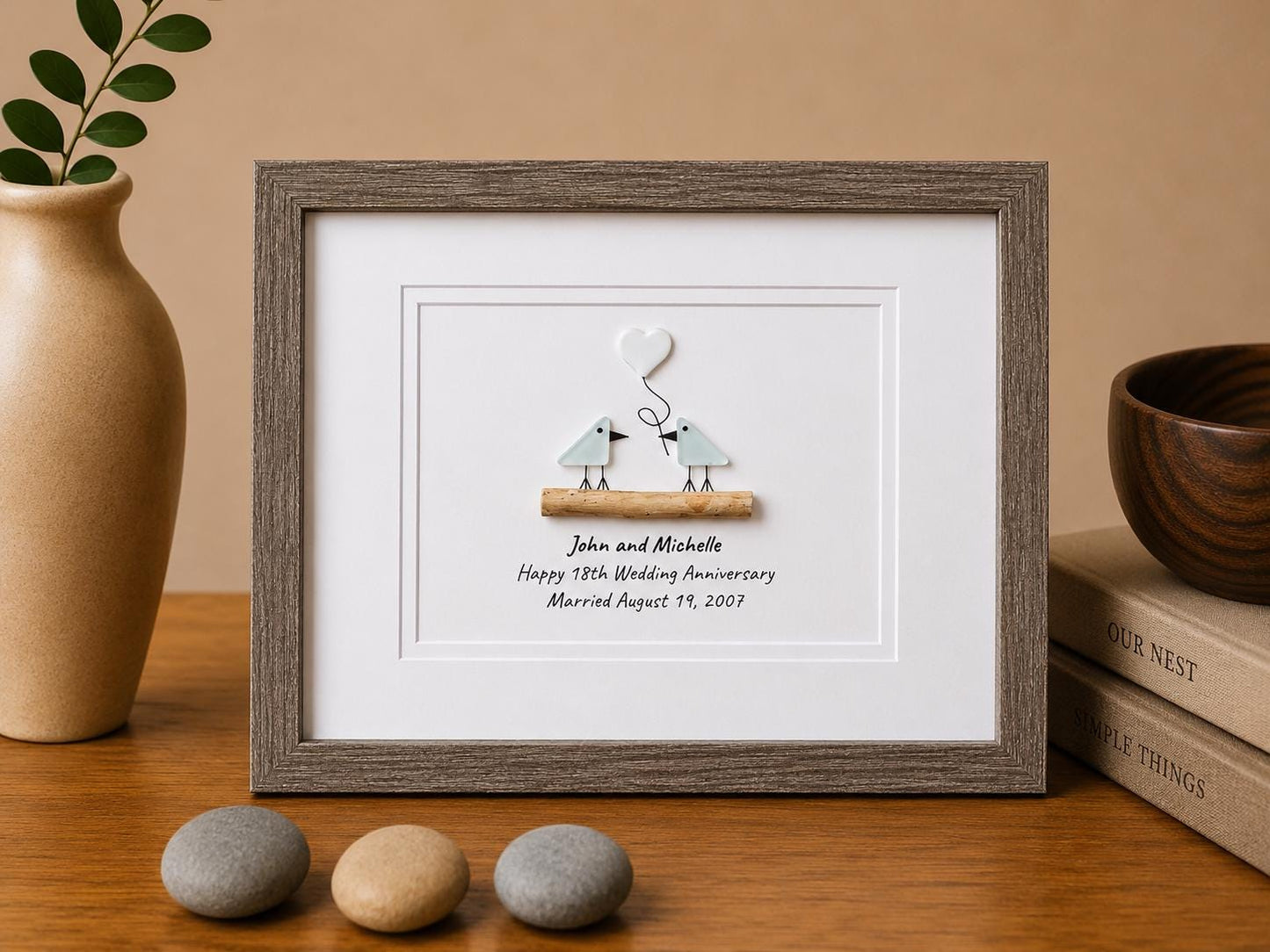 Personalized 18th Wedding Anniversary Sea Glass Art | Porcelain Anniversary Gift | Seaglass Love Birds Artwork