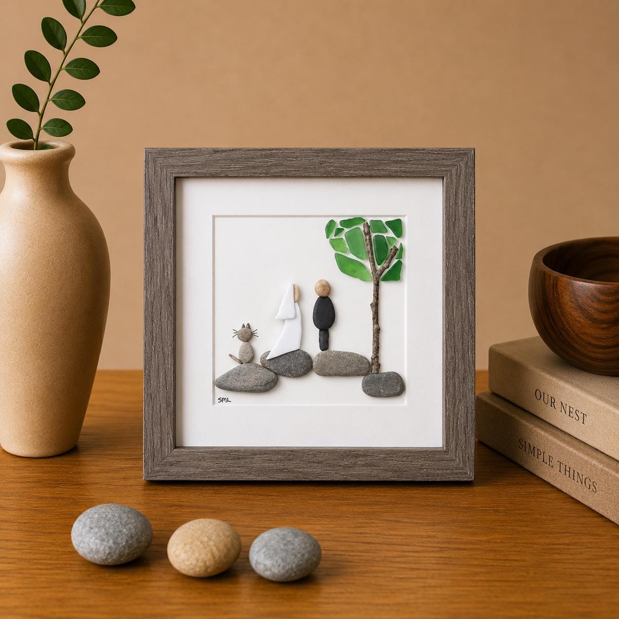 Pebble Art Wedding Gift with Dog – Handmade Newlywed Portrait