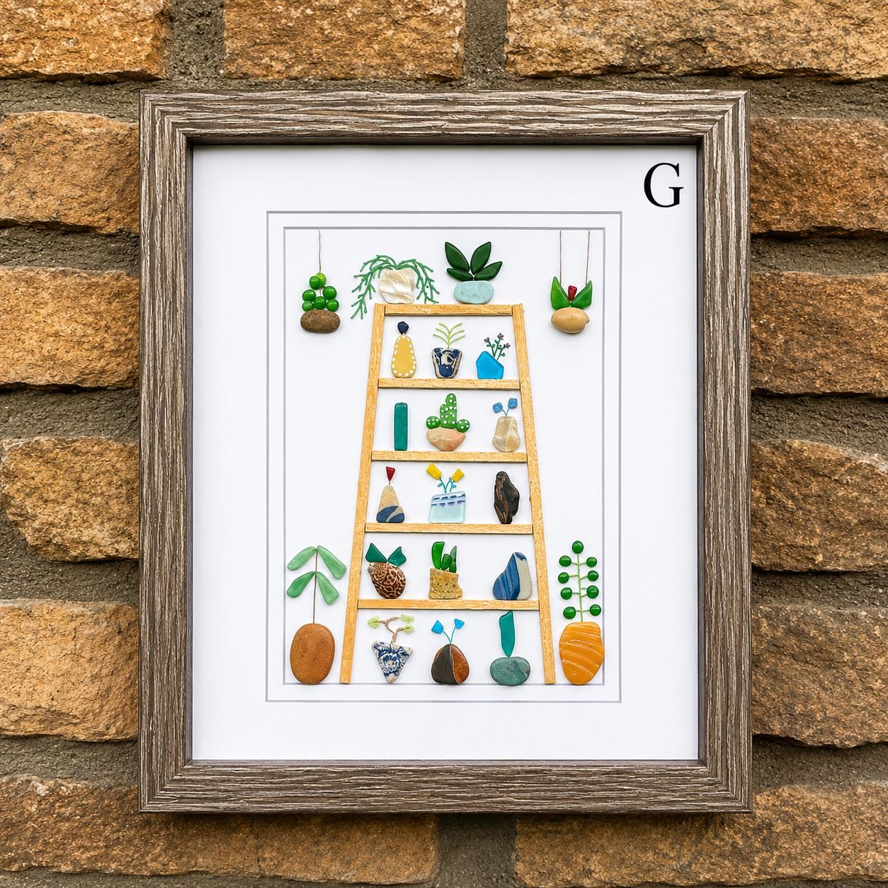 Sea Glass Plant Collage, Framed Beach Pebble Art (8x10)