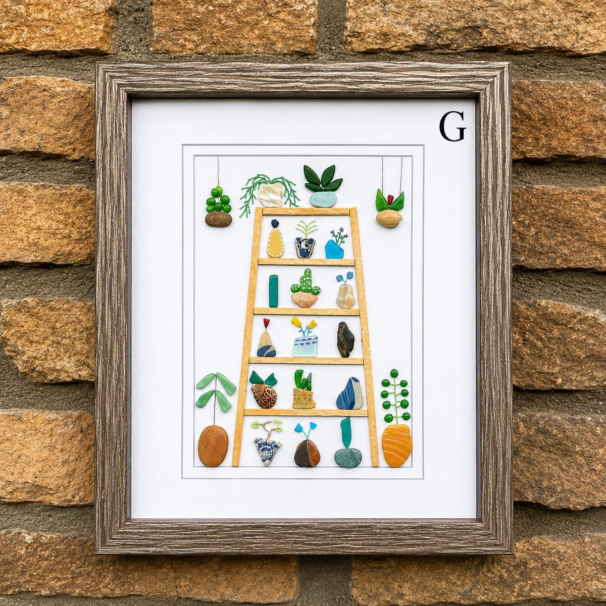 Plants and Flower Collage. 8x10 Framed Beach Collage. Original Handmade Art Made from Sea Glass, Shells + Pebbles. Colorful Wall Decor