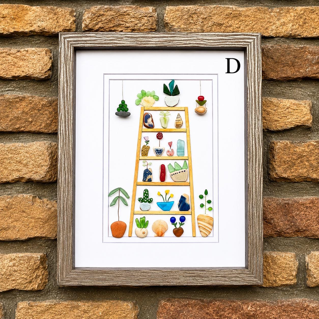 Sea Glass Plant Collage, Framed Beach Pebble Art (8x10)