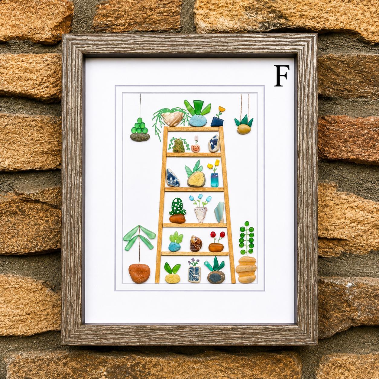 Sea Glass Plant Collage, Framed Beach Pebble Art (8x10)