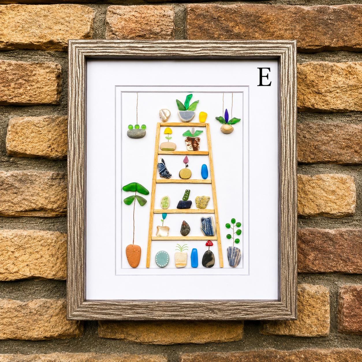 Sea Glass Plant Collage, Framed Beach Pebble Art (8x10)
