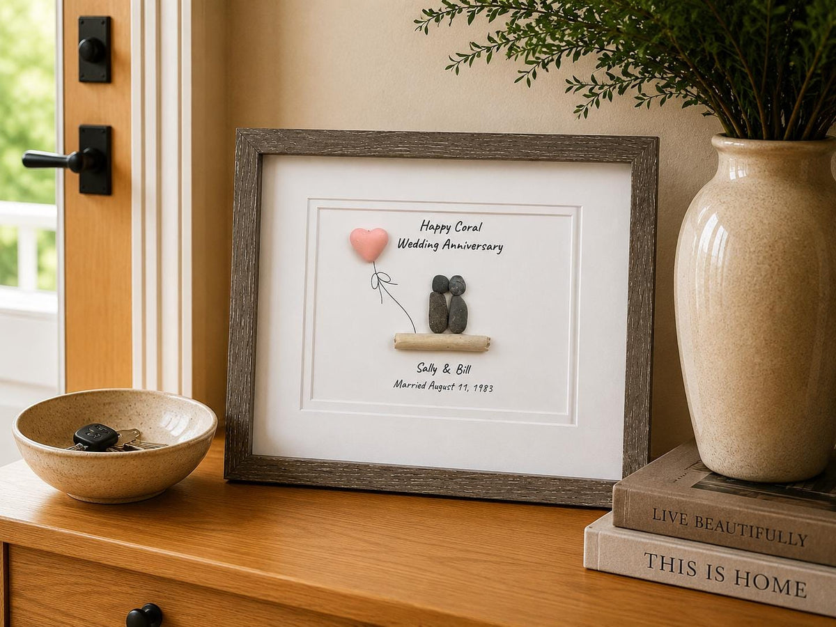 35th Coral Wedding Anniversary Personalized Gift, Custom Framed Anniversary Pebble Art, Anniversary Gift for Wife, Husband, Parents,
