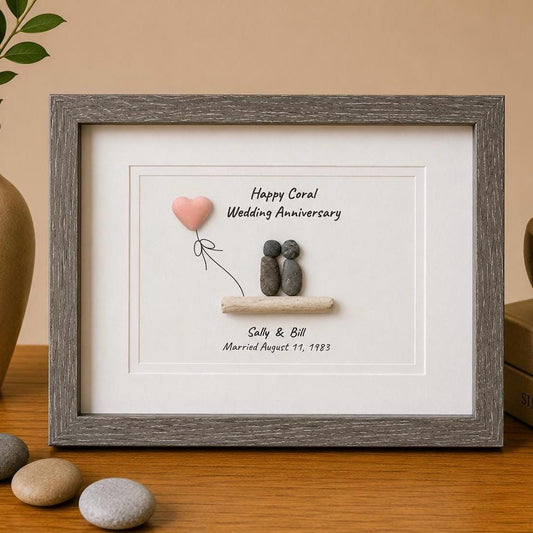 35th Coral Wedding Anniversary Personalized Gift, Custom Framed Anniversary Pebble Art, Anniversary Gift for Wife, Husband, Parents,