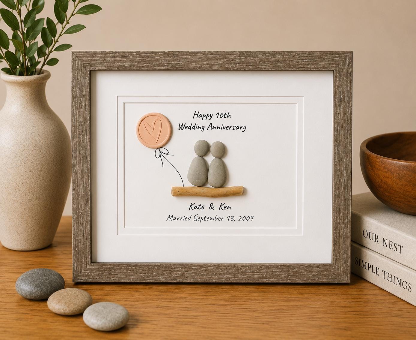 16th Wedding Anniversary Pebble Art | Wax Anniversary Gift