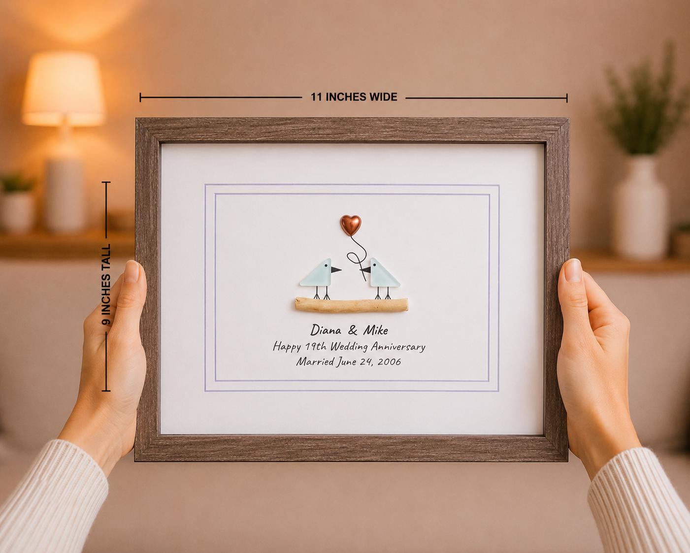 19th Wedding Anniversary Pebble Art | Bronze Anniversary Gift | Sea Glass Love Birds