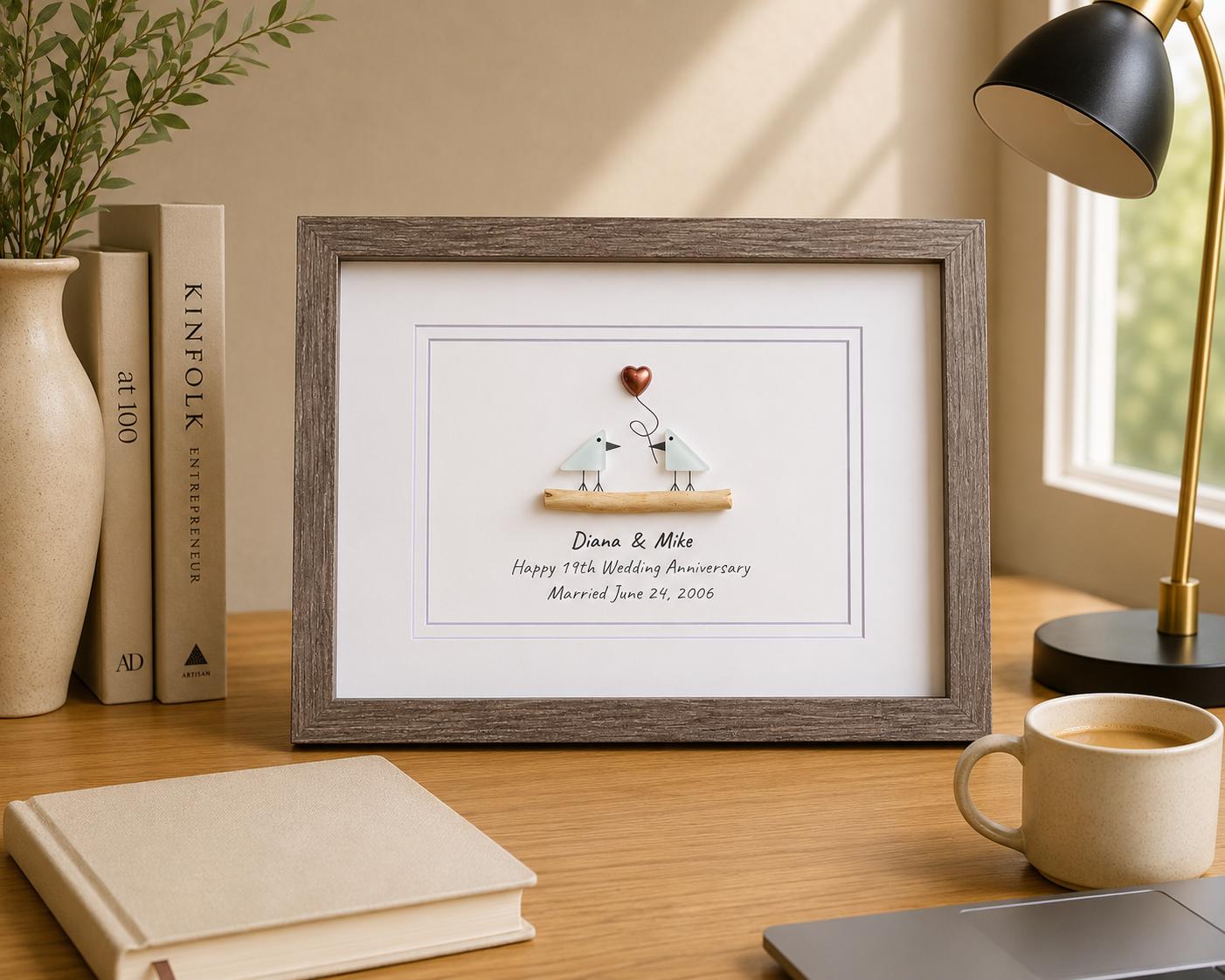19th Wedding Anniversary Pebble Art | Bronze Anniversary Gift | Sea Glass Love Birds