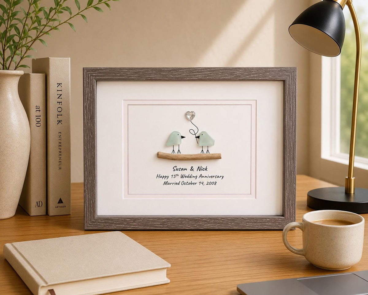 15th Wedding Anniversary Personalized Gift, Fifteenth Crystal Anniversary Sea Glass Art, Framed Gift for Wife, Husband, Parents, Friends