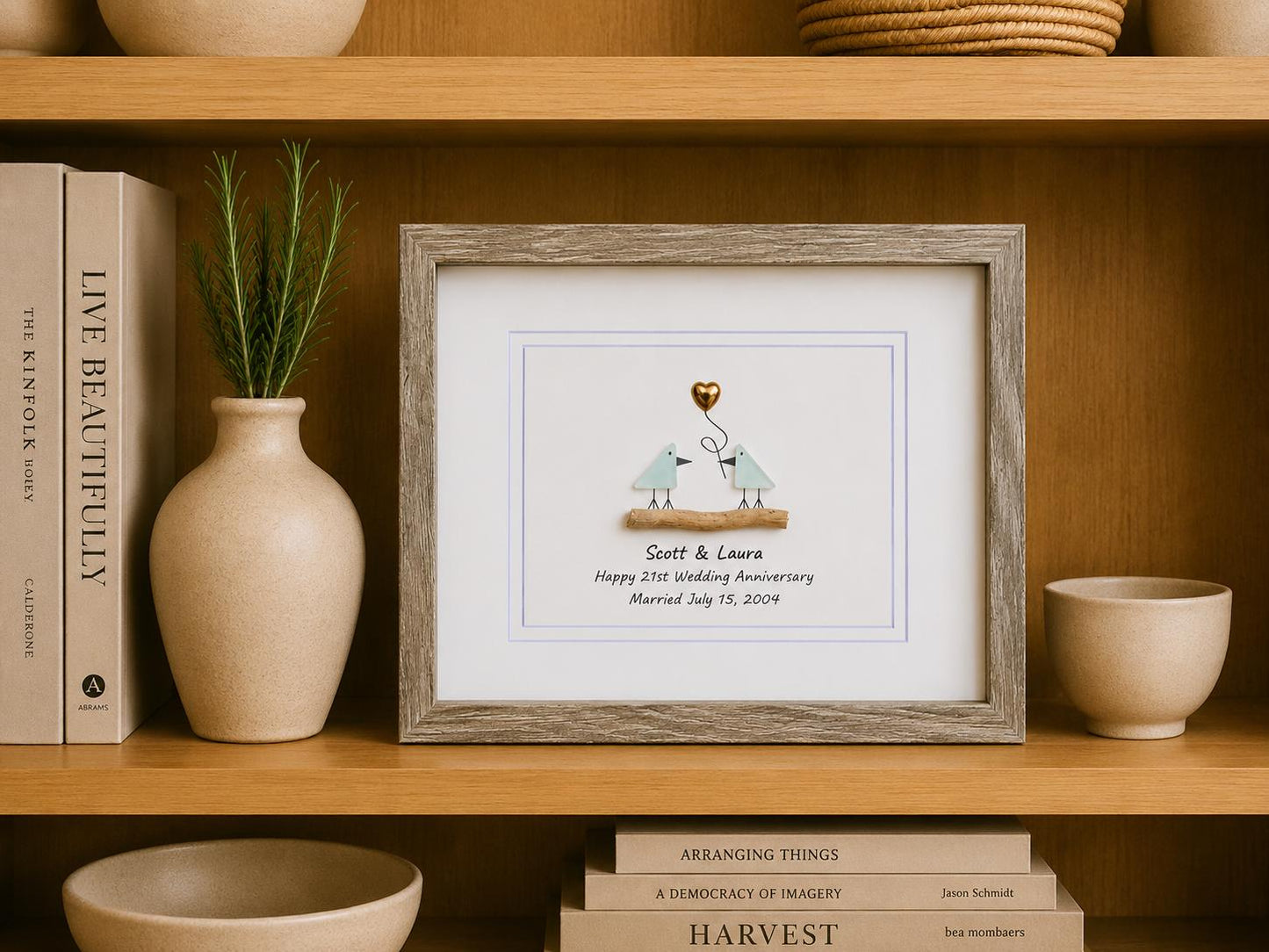 21st Wedding Anniversary 8x10" Framed Sea Glas Art, Personalized Nickel / Brass Anniversary Gift from Parents, Wife, Husband, Friends