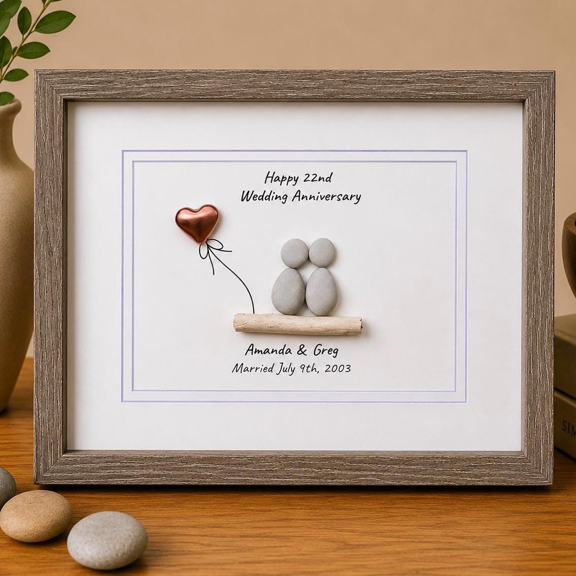 22nd Anniversary Gift | Personalized Copper Wedding Piece | Pebble Art