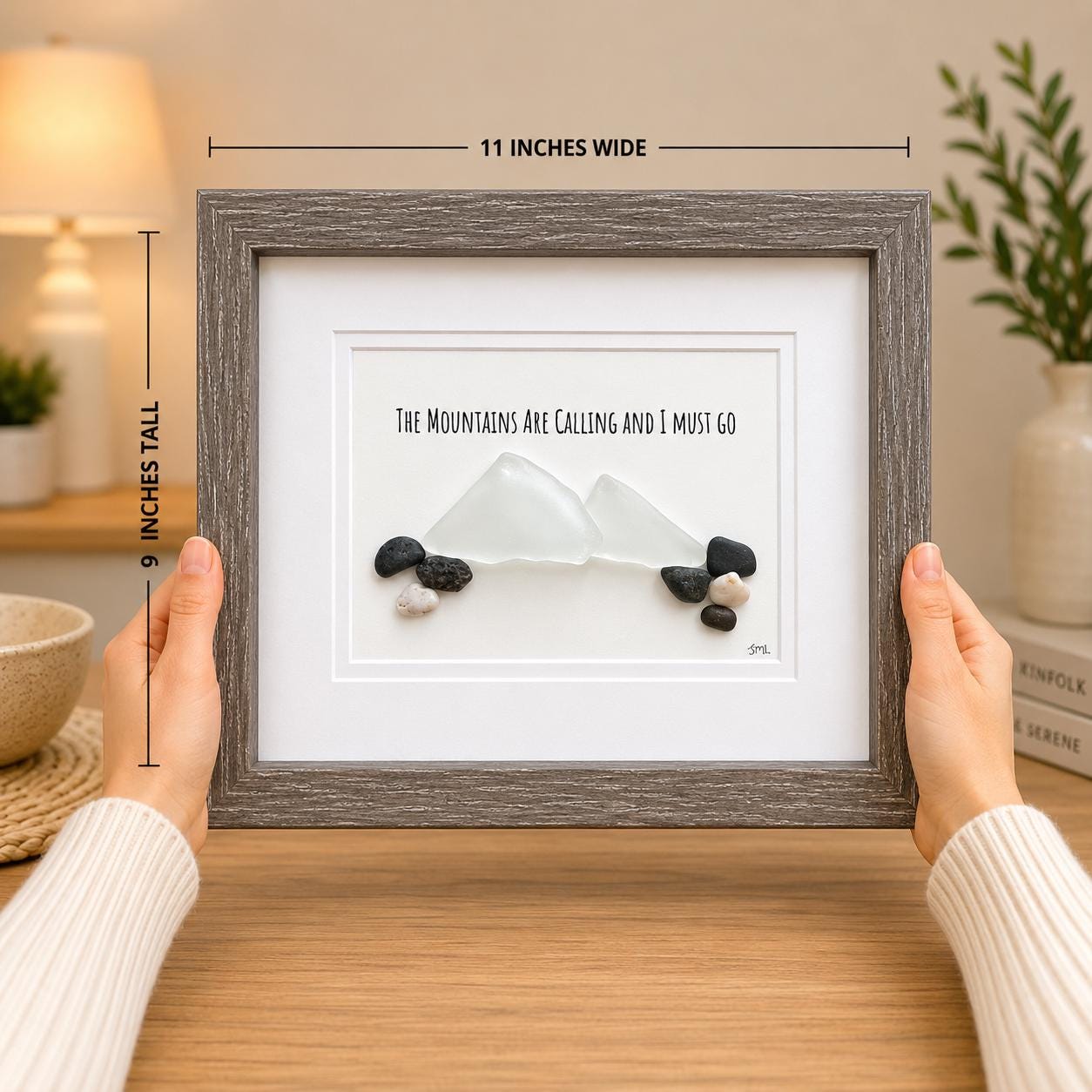 The Mountains Are Calling Sea Glass and Pebble Art, 8x10 Framed Original Artwork