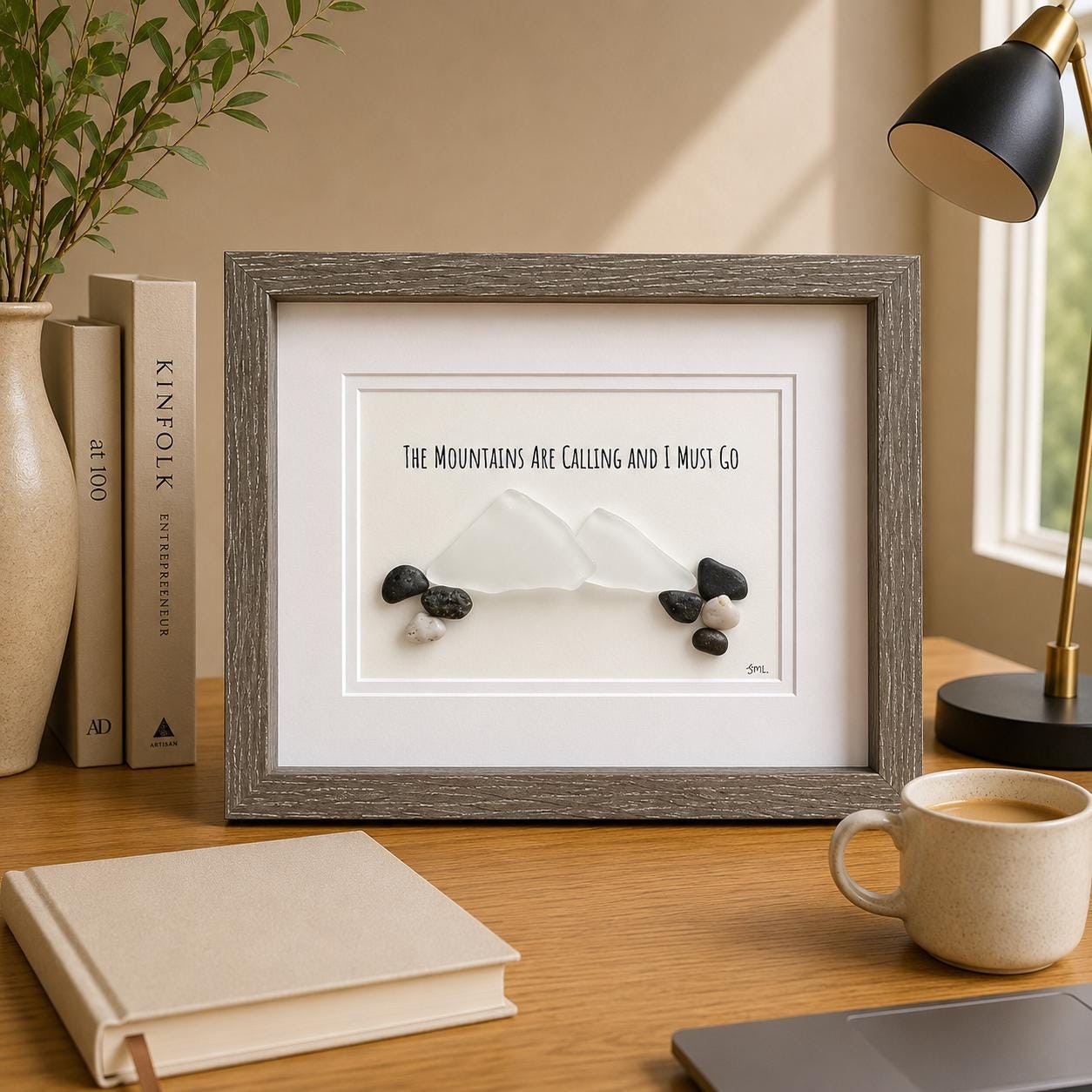 The Mountains Are Calling Sea Glass and Pebble Art, 8x10 Framed Original Artwork