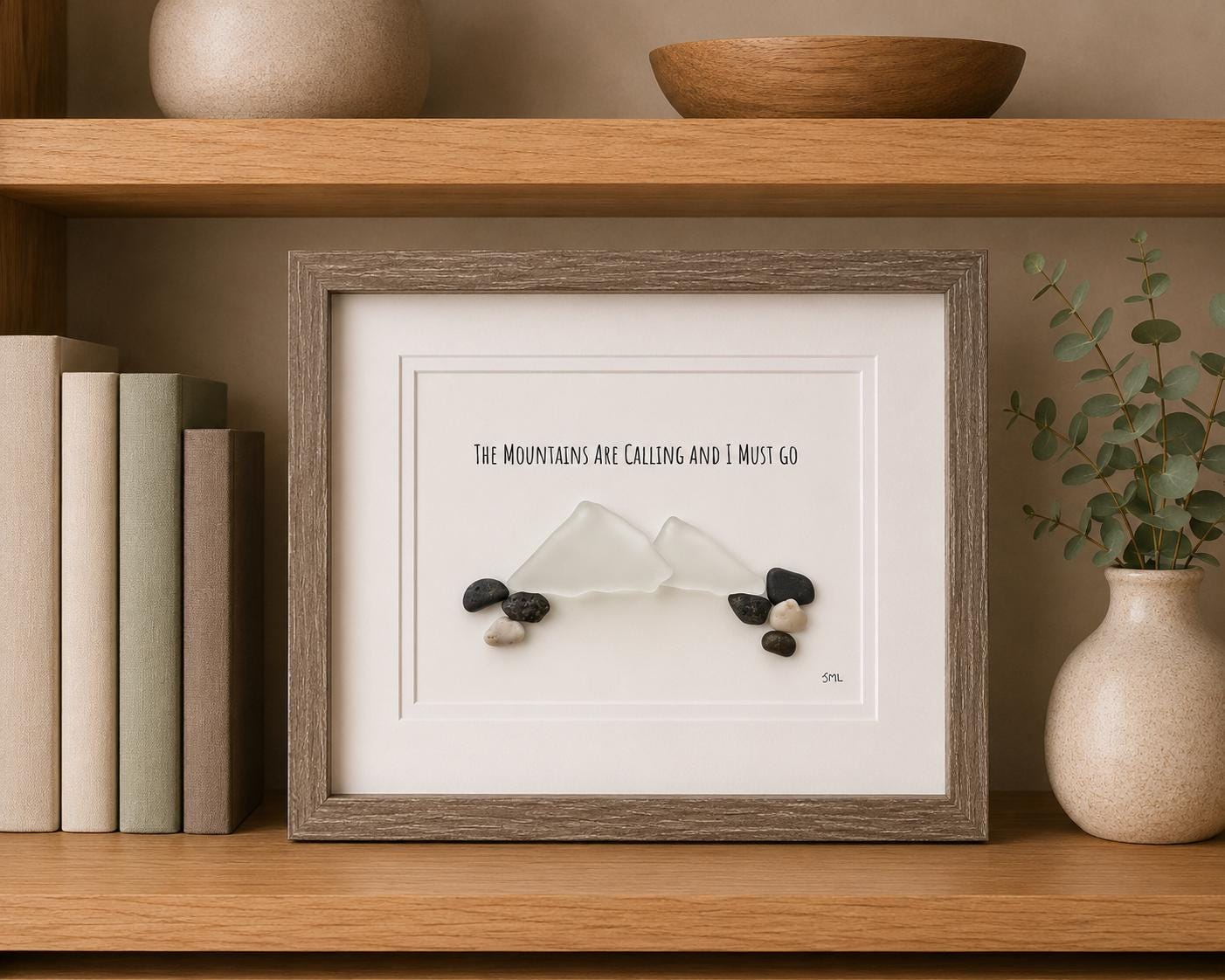 The Mountains Are Calling Sea Glass and Pebble Art, 8x10 Framed Original Artwork