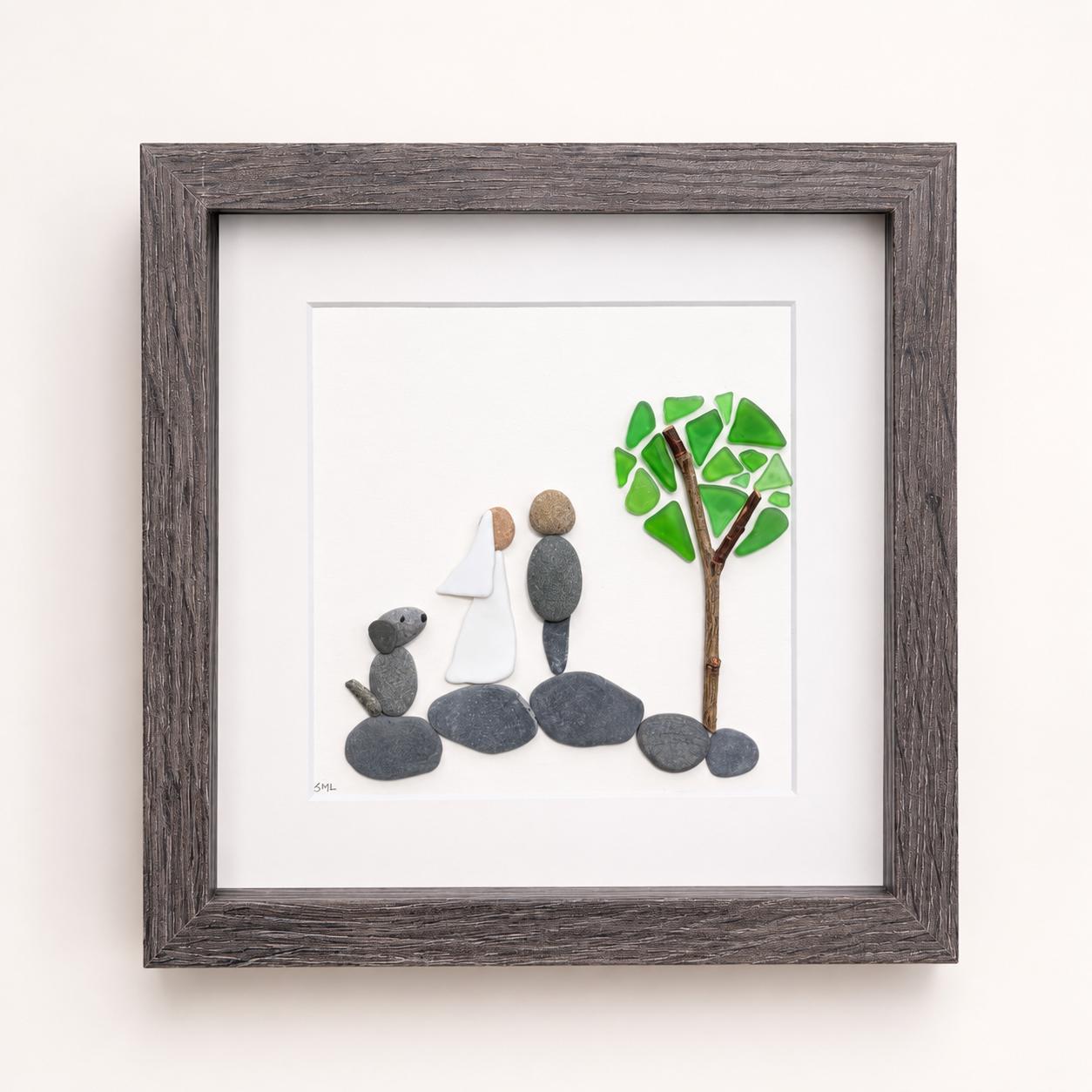 Pebble Art Wedding Gift with Dog – Handmade Newlywed Portrait