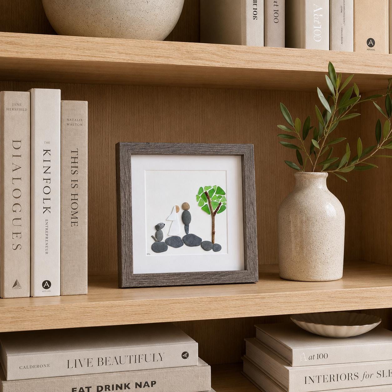 Pebble Art Wedding Gift with Dog – Handmade Newlywed Portrait