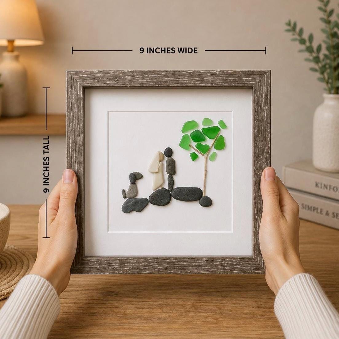 Pebble Art Wedding Gift with Dog – Handmade Newlywed Portrait