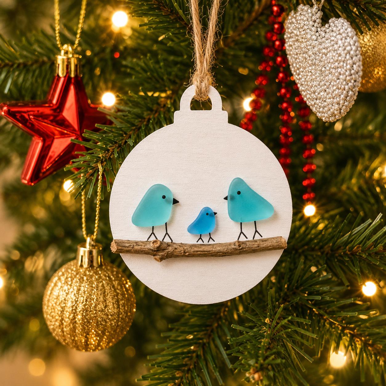 Family of Sea Glass Birds Christmas Ornament | Couple | Family of 2 | Family of 3 | Family of 4 | Family of 5 | Family of 6 | Perfect Holiday Gift | Drift Wood