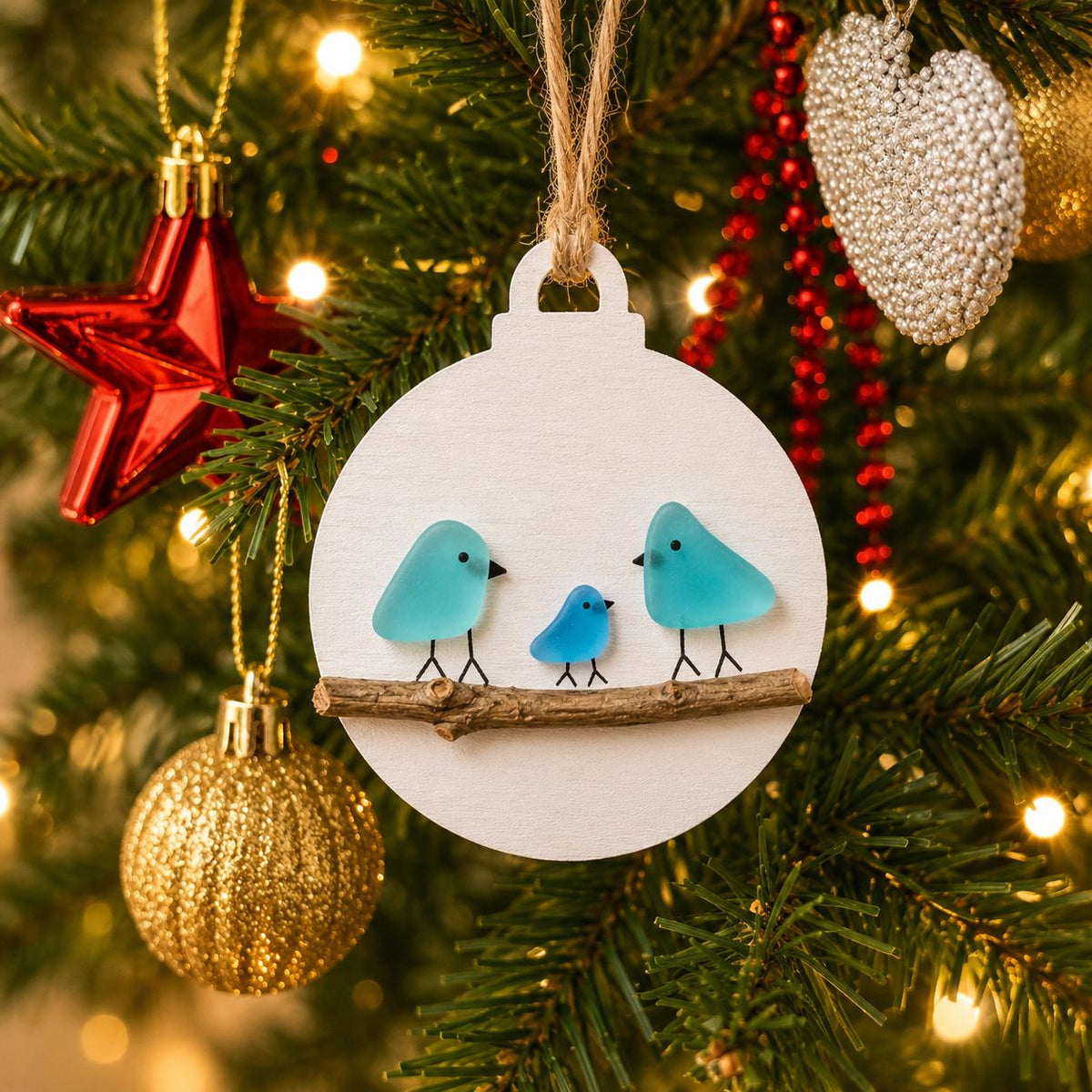 Family of Sea Glass Birds Christmas Ornament | Couple | Family of 2 | Family of 3 | Family of 4 | Family of 5 | Family of 6 | Perfect Holiday Gift | Drift Wood