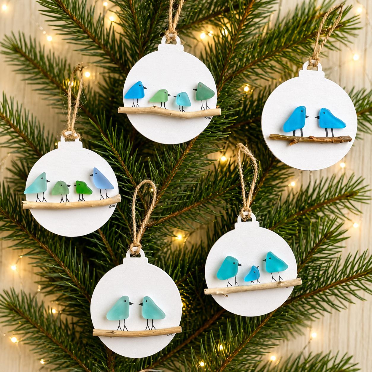 Family of Sea Glass Birds Christmas Ornament | Couple | Family of 2 | Family of 3 | Family of 4 | Family of 5 | Family of 6 | Perfect Holiday Gift | Drift Wood