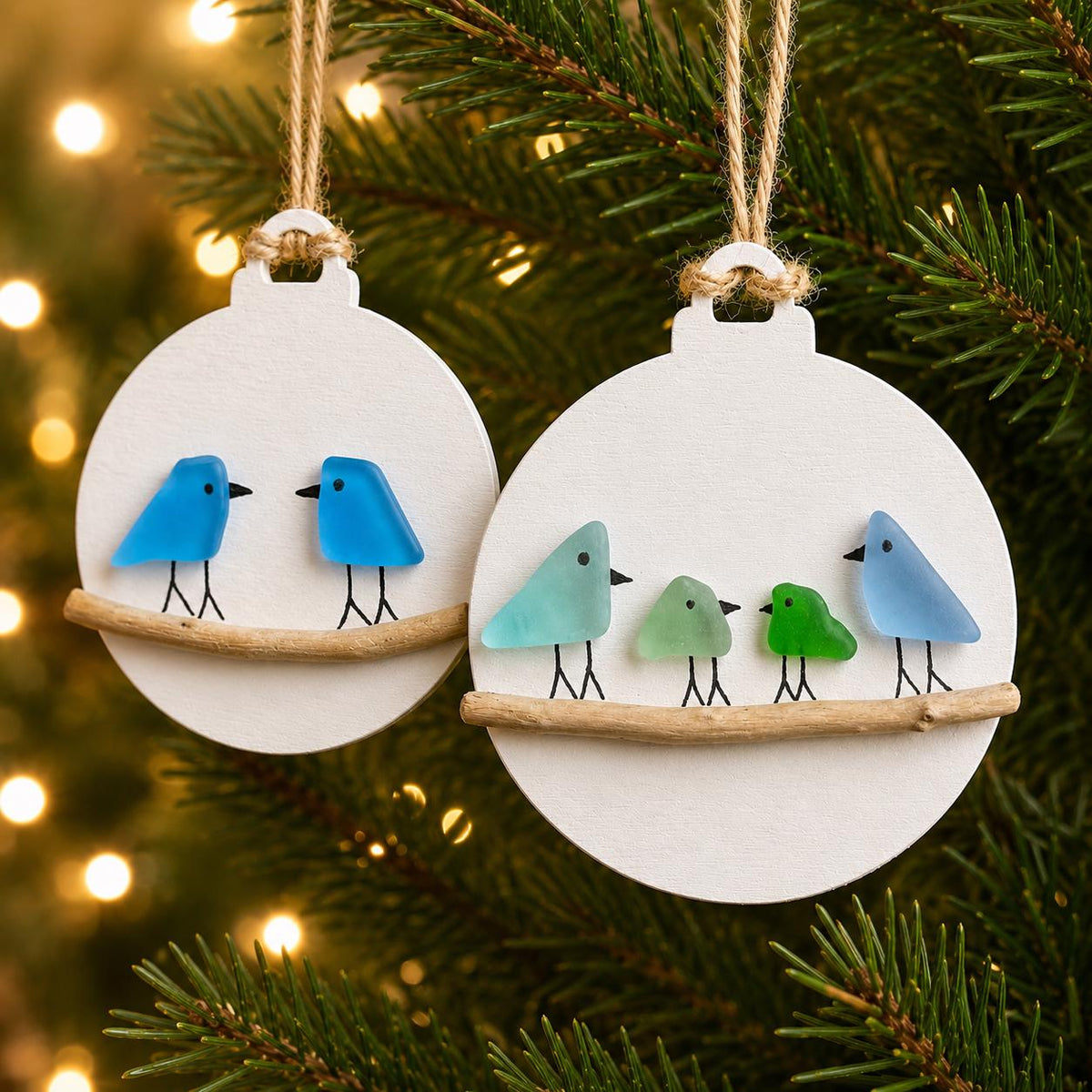 Handmade Family of Sea Glass Birds Christmas Ornament, Couple, Family of 3, Family of 4, Family of 5, Perfect Holiday Gift, Drift Wood
