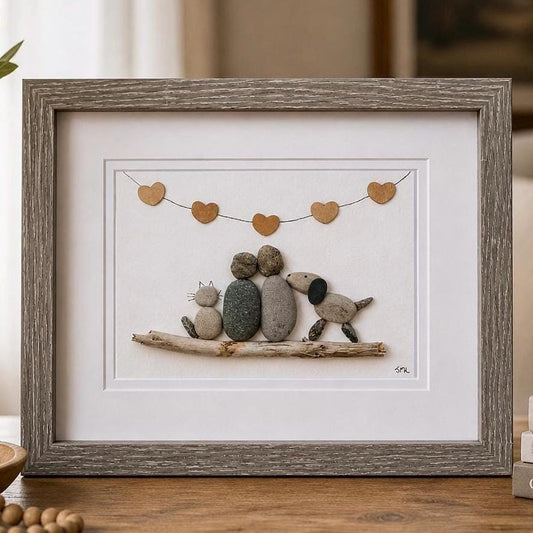 Couple with Cat and Dog | Gift for Animal Lovers, Pet Owners | Cat Art | Dog Art | Couple with Cat and Dog Pebble Art | 8x8 Pebble Art