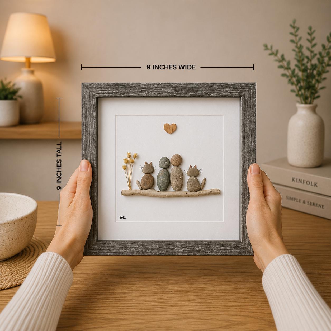 Pebble Art Family Portrait with Cats, Personalized Cat Lover Gift