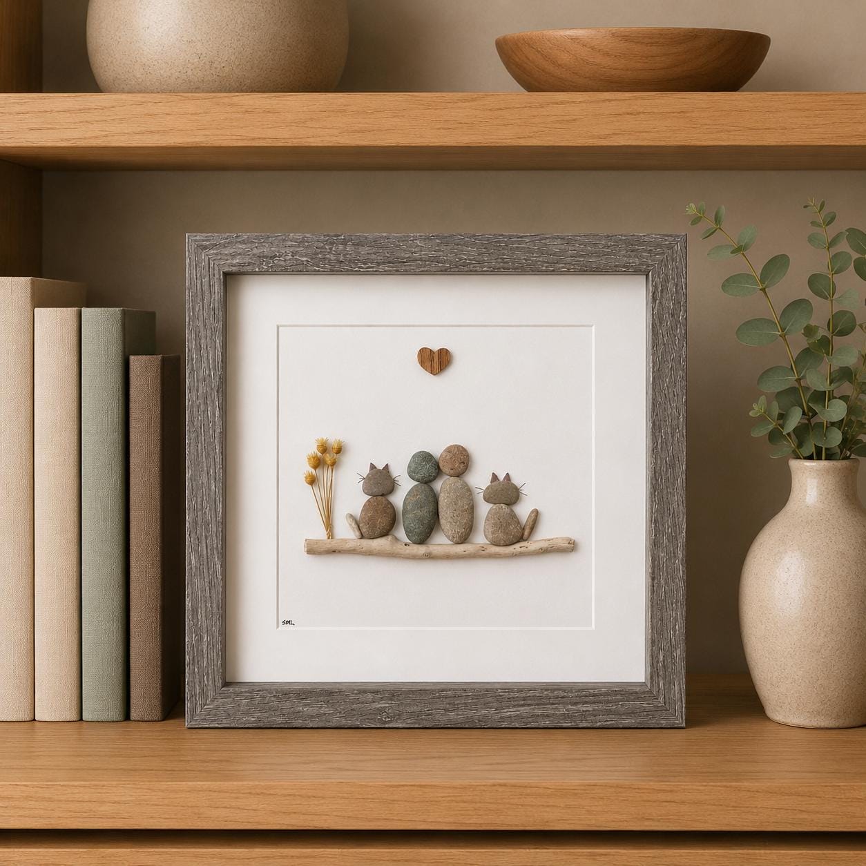 Pebble Art Family Portrait with Cats, Personalized Cat Lover Gift